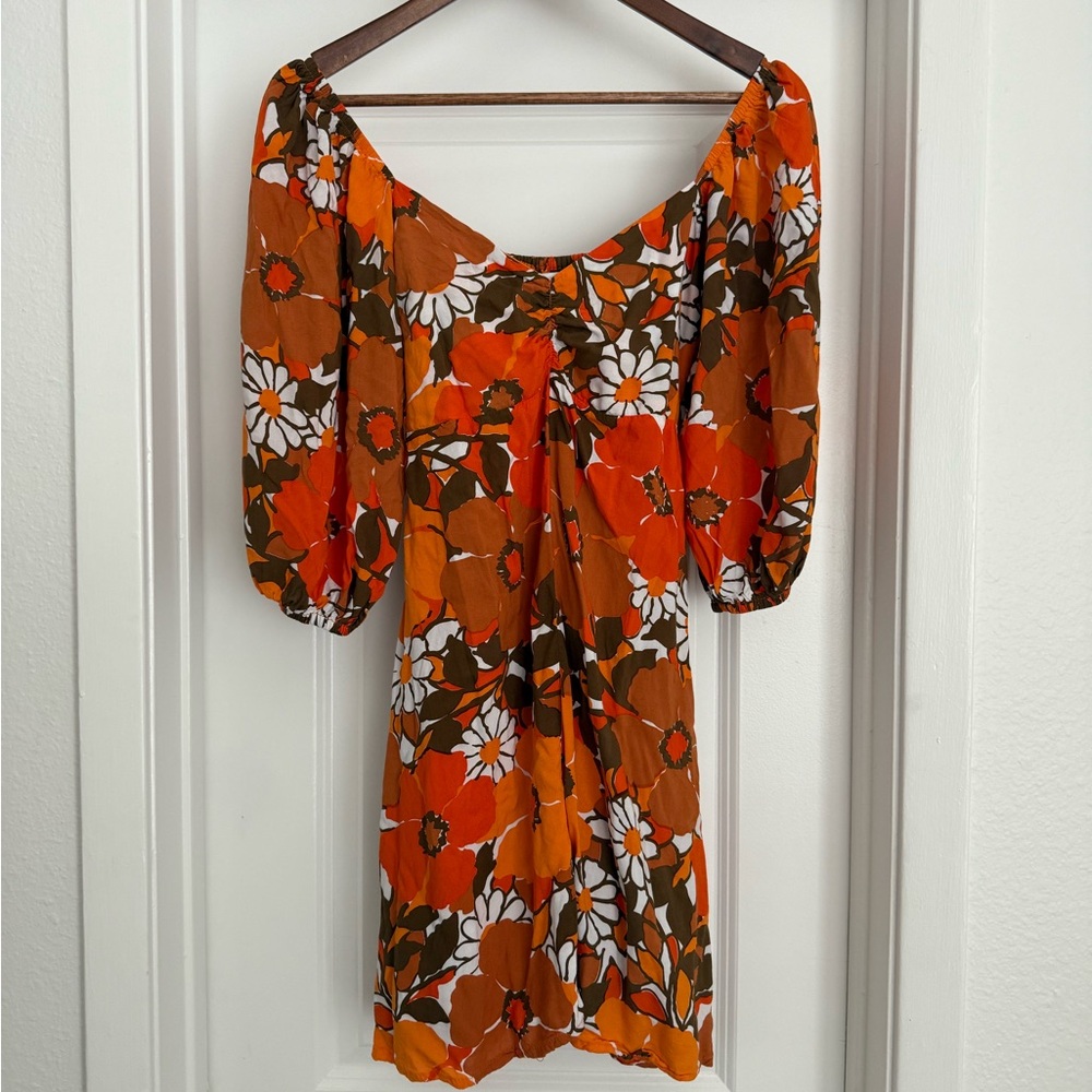 Faithfull The Brand Kiona Orange Retro Floral Printed Mini Dress